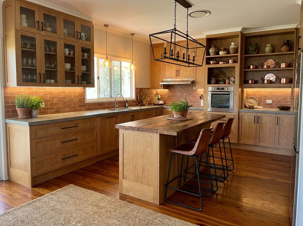 Rustic farmhouse kitchen with natural oak cabinets, brick backsplash, concrete countertops, wood island, leather stools, black iron chandelier, photorealistic interior design photography, 8k