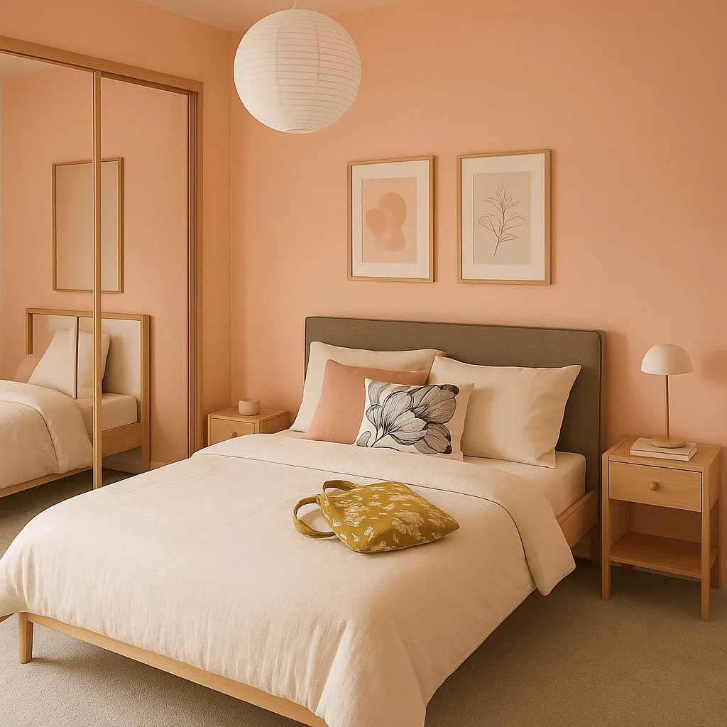 Scandinavian bedroom with peach walls, light wood bed frame, linen bedding, paper lantern pendant, minimalist bedside tables, photorealistic interior design photography, 8k