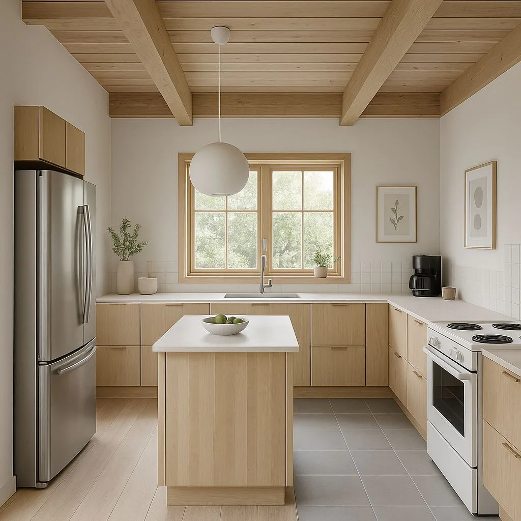 Modern Scandinavian kitchen with light wood cabinets, white countertops, stainless steel refrigerator, wood beam ceiling, gray tile floor, photorealistic interior design photography, 8k