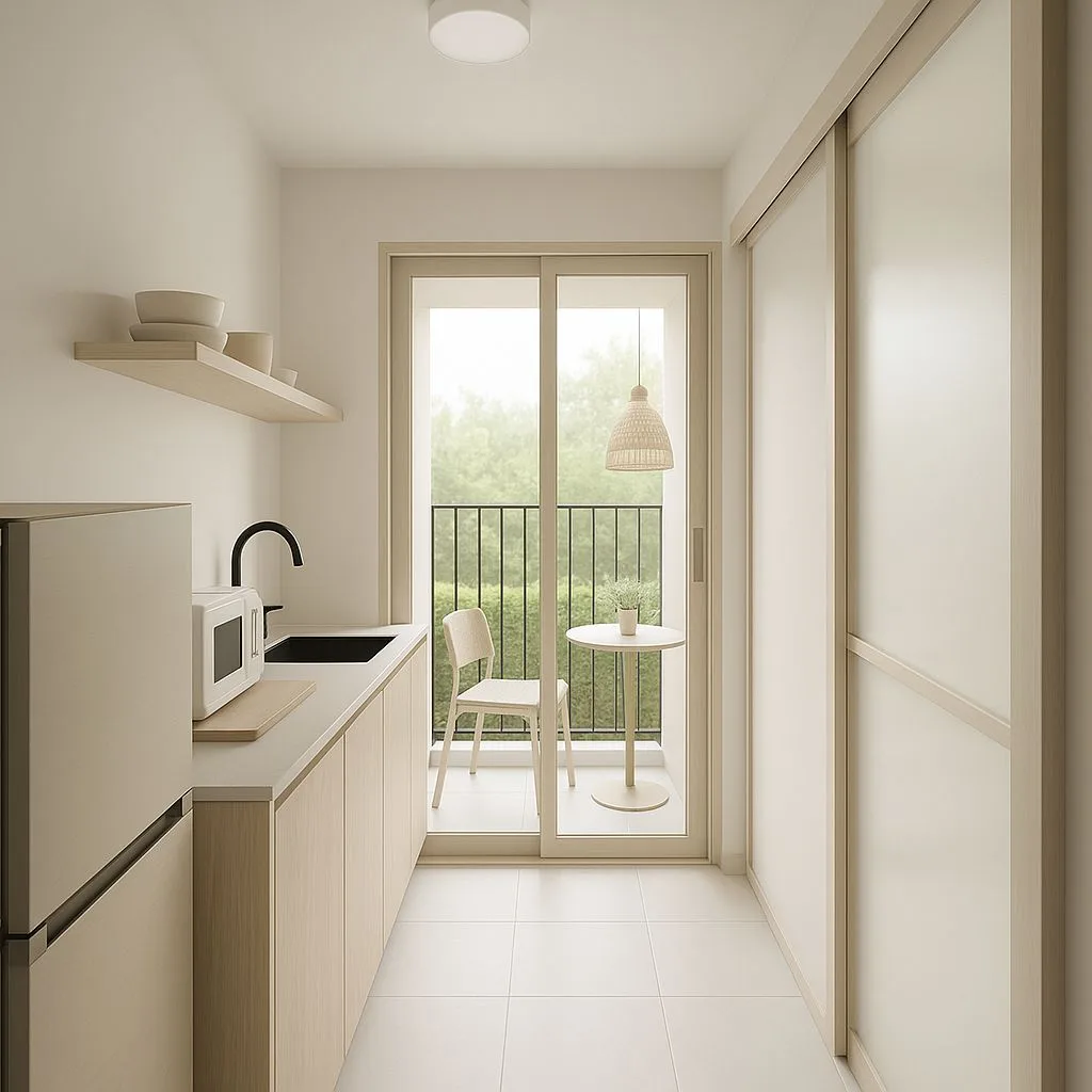 Minimalist kitchen with light wood cabinets, white quartz countertop, black faucet, white tile floor, woven pendant light, photorealistic interior design photography, 8k