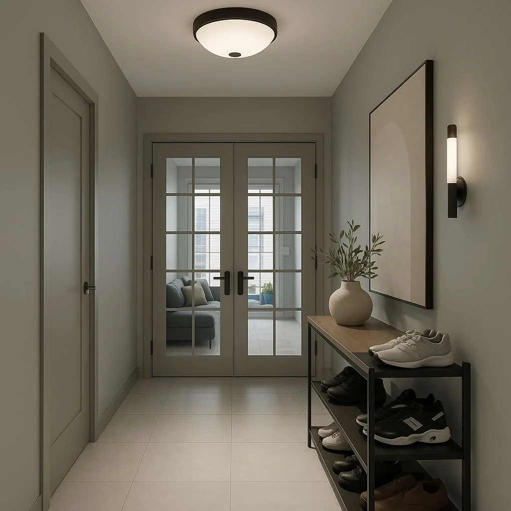 Transitional style entryway with light grey walls, white tile floors, black metal shoe rack, wood top console table, flush mount lighting, photorealistic interior design photography, 8k