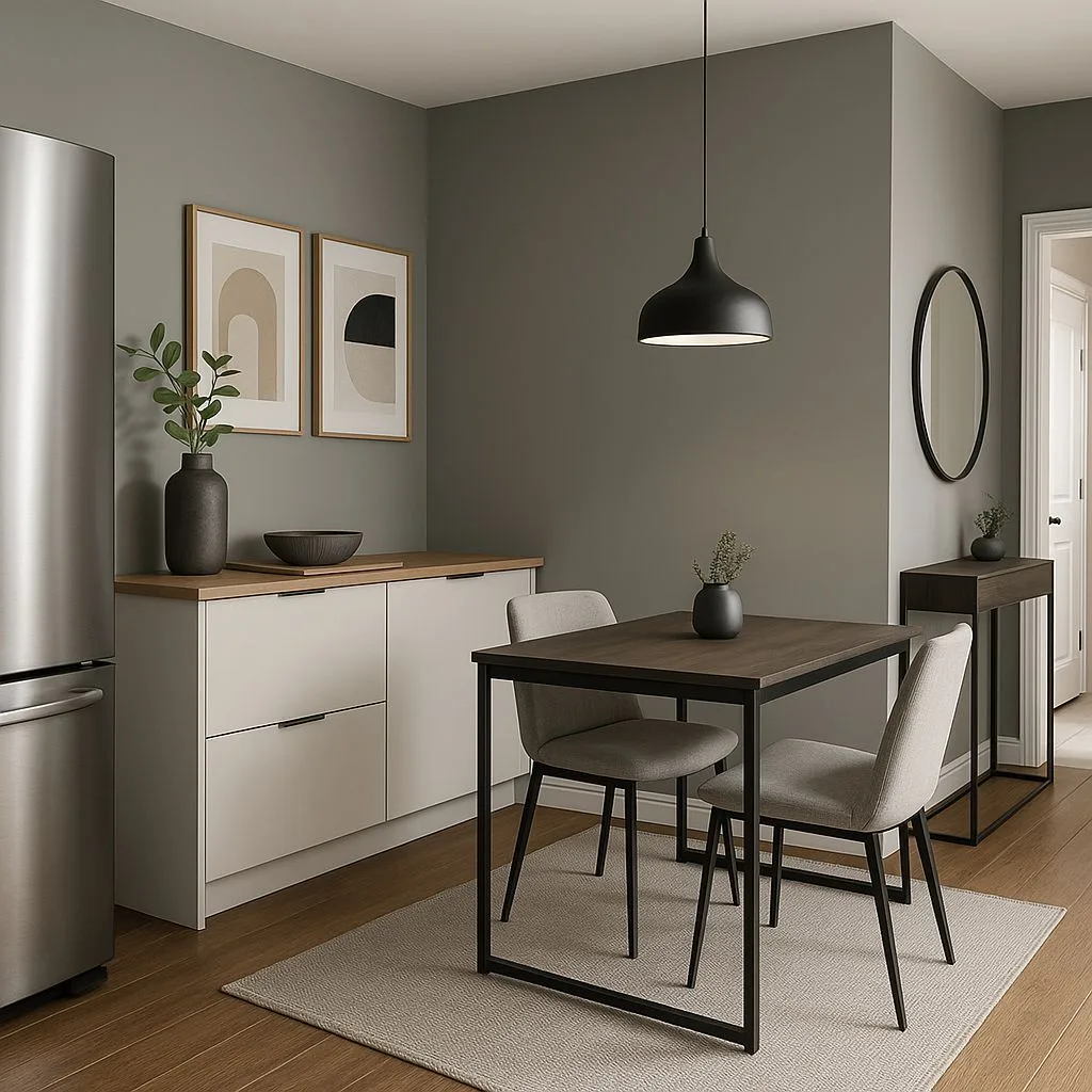 Modern minimalist dining nook with warm grey walls, light wood floors, wood and metal table, upholstered chairs, black pendant, photorealistic interior design photography, 8k
