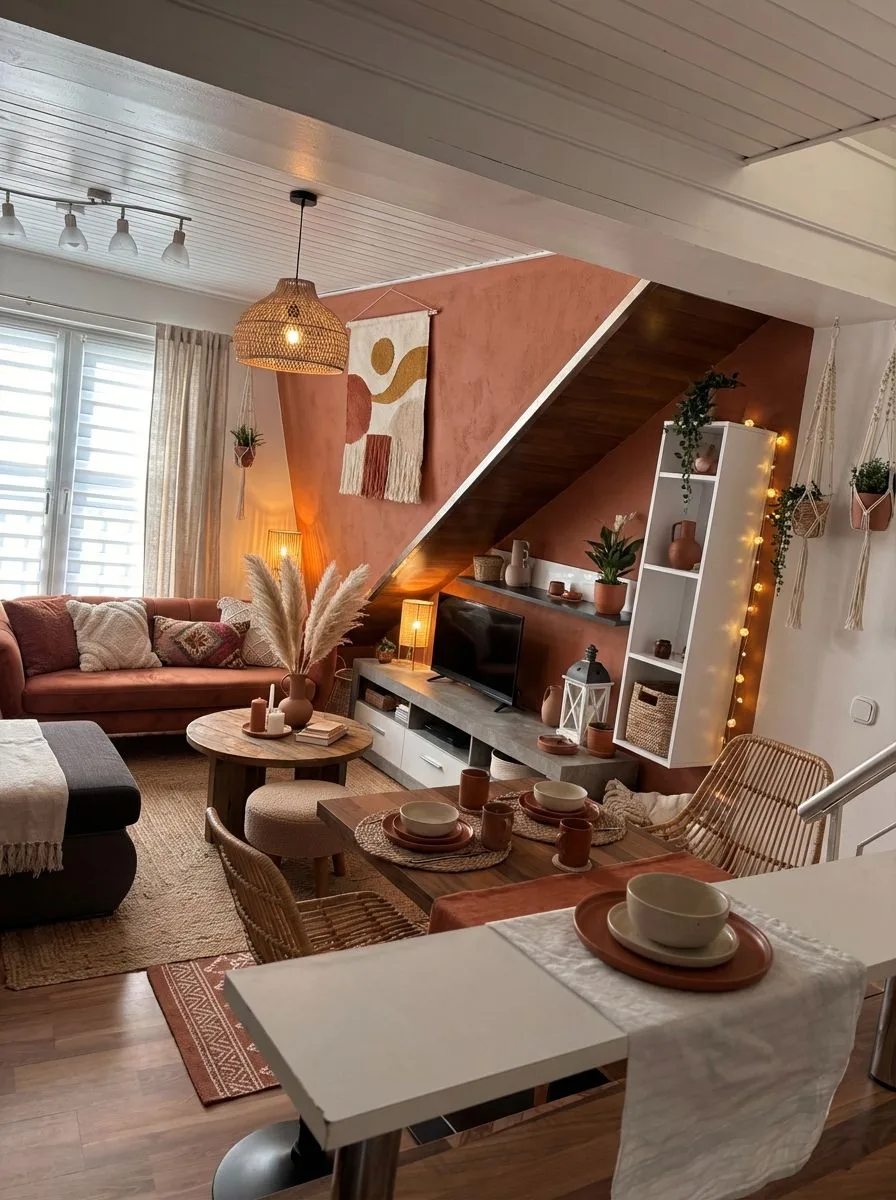 Warm bohemian living dining room with terracotta accent wall, woven pendant light, jute rug, rattan chairs, wood table, earth tone decor, photorealistic interior design photography, 8k