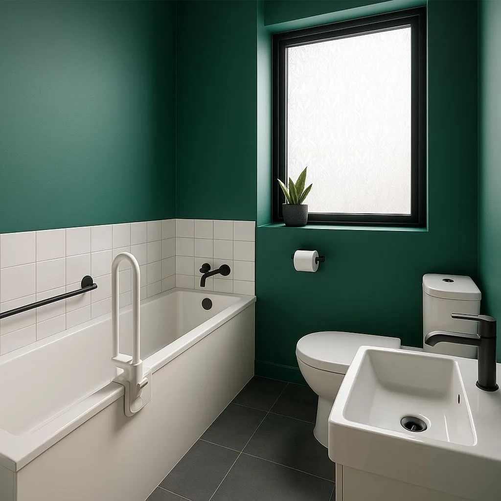 Modern bathroom with dark green walls, white square tile, black matte fixtures, gray tile floor, frosted window, photorealistic interior design photography, 8k