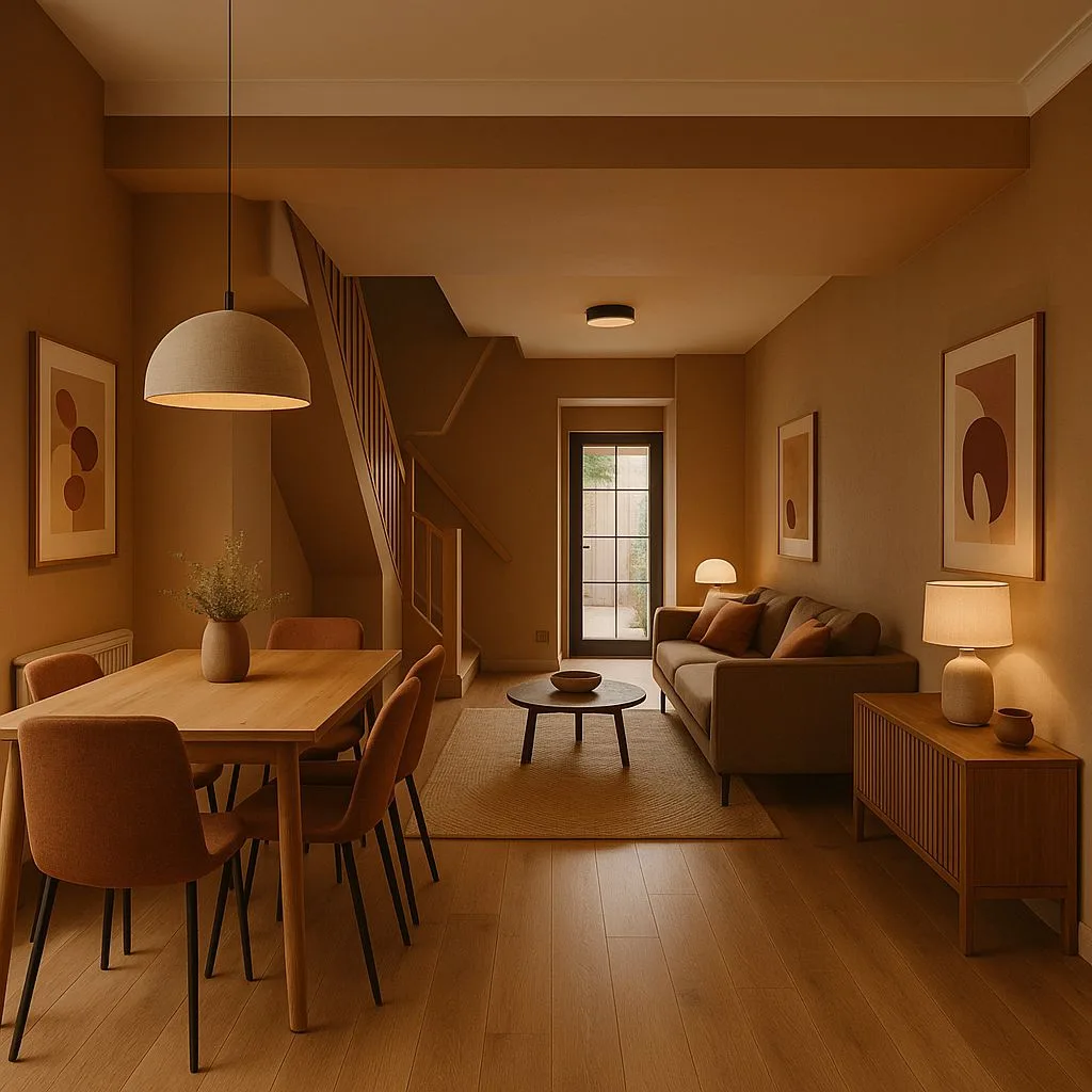 Scandinavian living dining area with beige walls, wood table, terracotta chairs, jute rug, linen pendant, photorealistic interior design photography, 8k