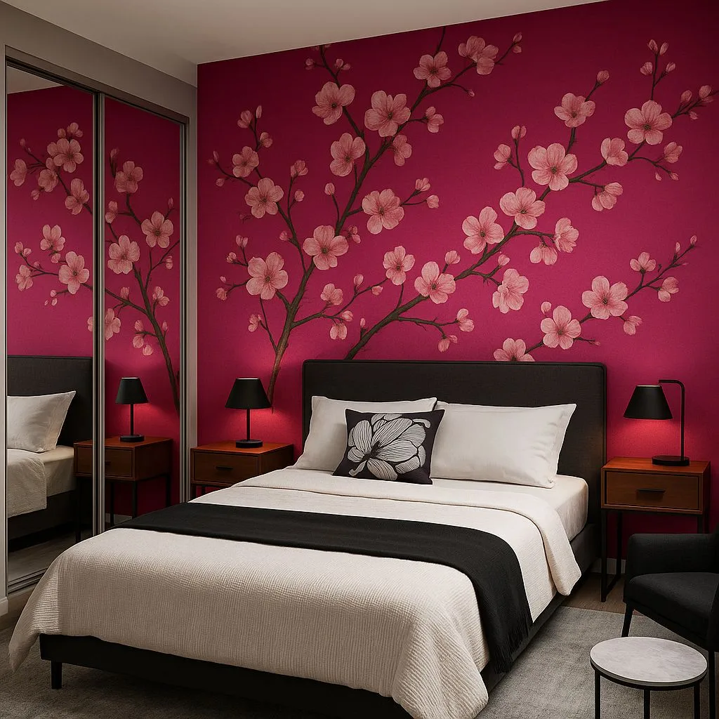 Contemporary bedroom with magenta wall, cherry blossom mural, black bed frame, white linen bedding, wood nightstands, black lamps, photorealistic interior design photography, 8k