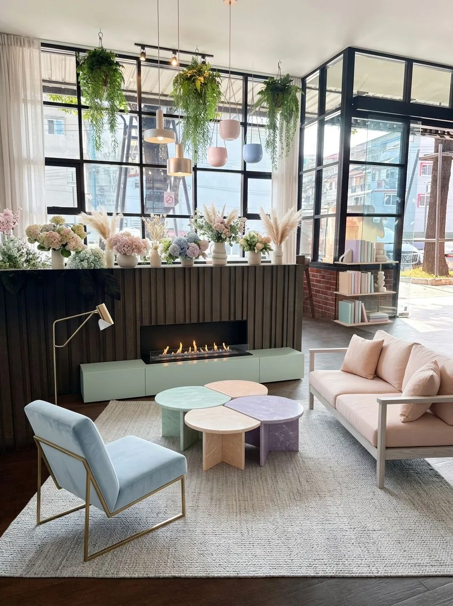 Modern pastel living room with linear fireplace, light wood floors, pale pink sofa, light blue velvet chair, hanging plants, photorealistic interior design photography, 8k