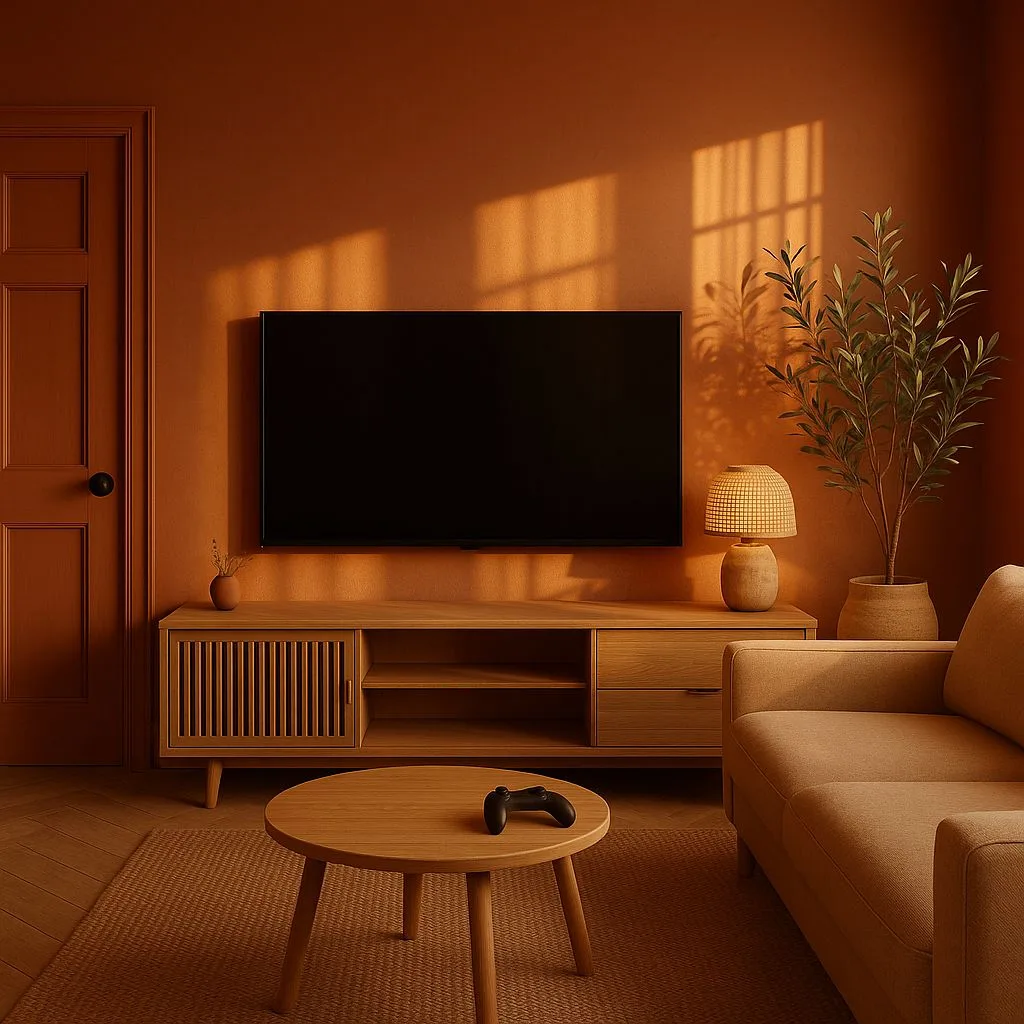 Minimalist living room with terracotta walls, light wood media console, beige linen sofa, round wood coffee table, woven lamp, photorealistic interior design photography, 8k