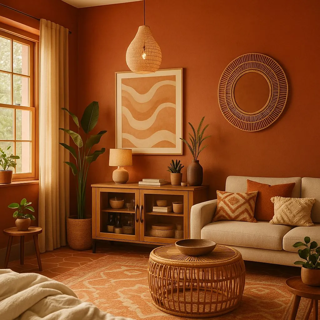 Bohemian terracotta living room with rattan coffee table, light beige sofa, wood cabinet, woven pendant light, terracotta walls, photorealistic interior design photography, 8k