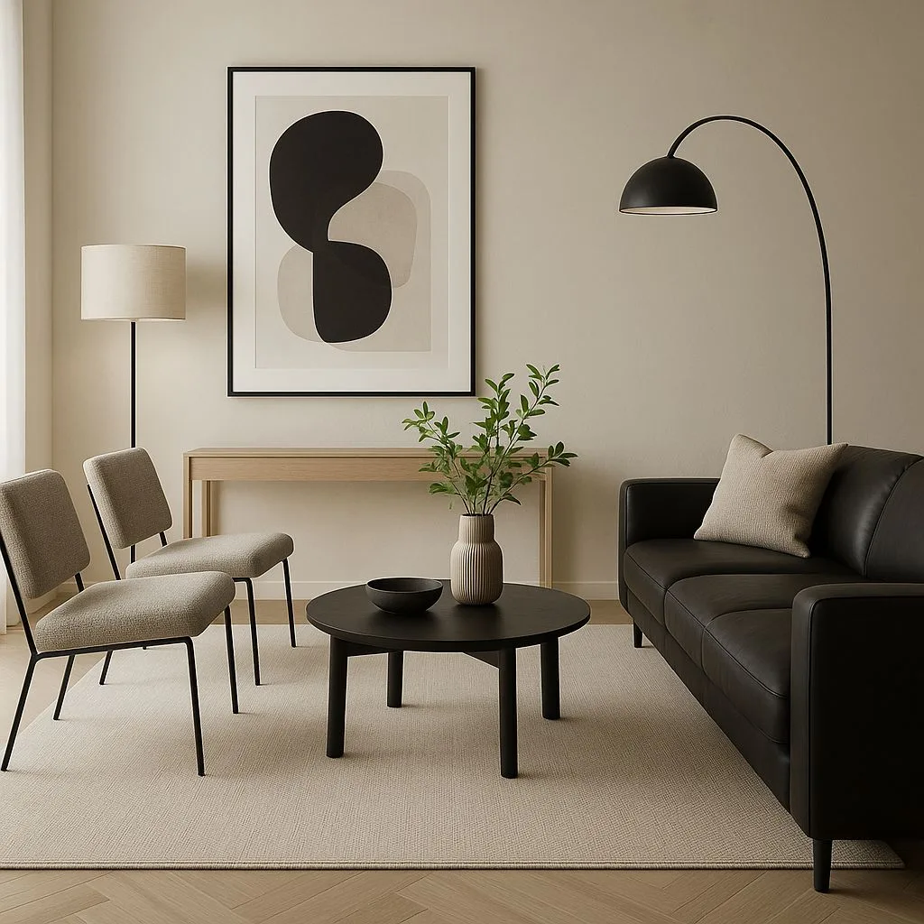 Minimalist living room with black leather sofa, round black coffee table, neutral rug, abstract art, black arc lamp, photorealistic interior design photography, 8k