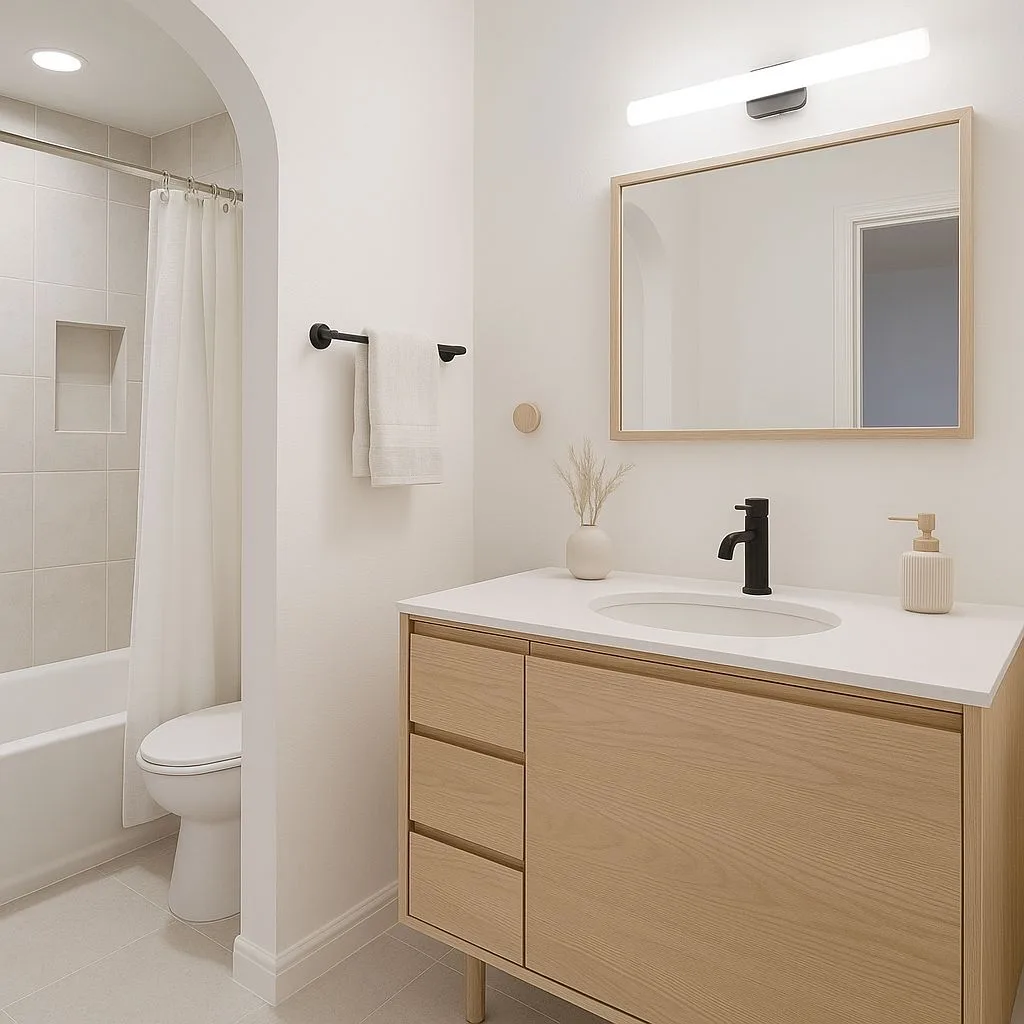 Modern minimalist bathroom with light wood vanity, white quartz countertop, black faucet, white subway tile, linear led light, photorealistic interior design photography, 8k