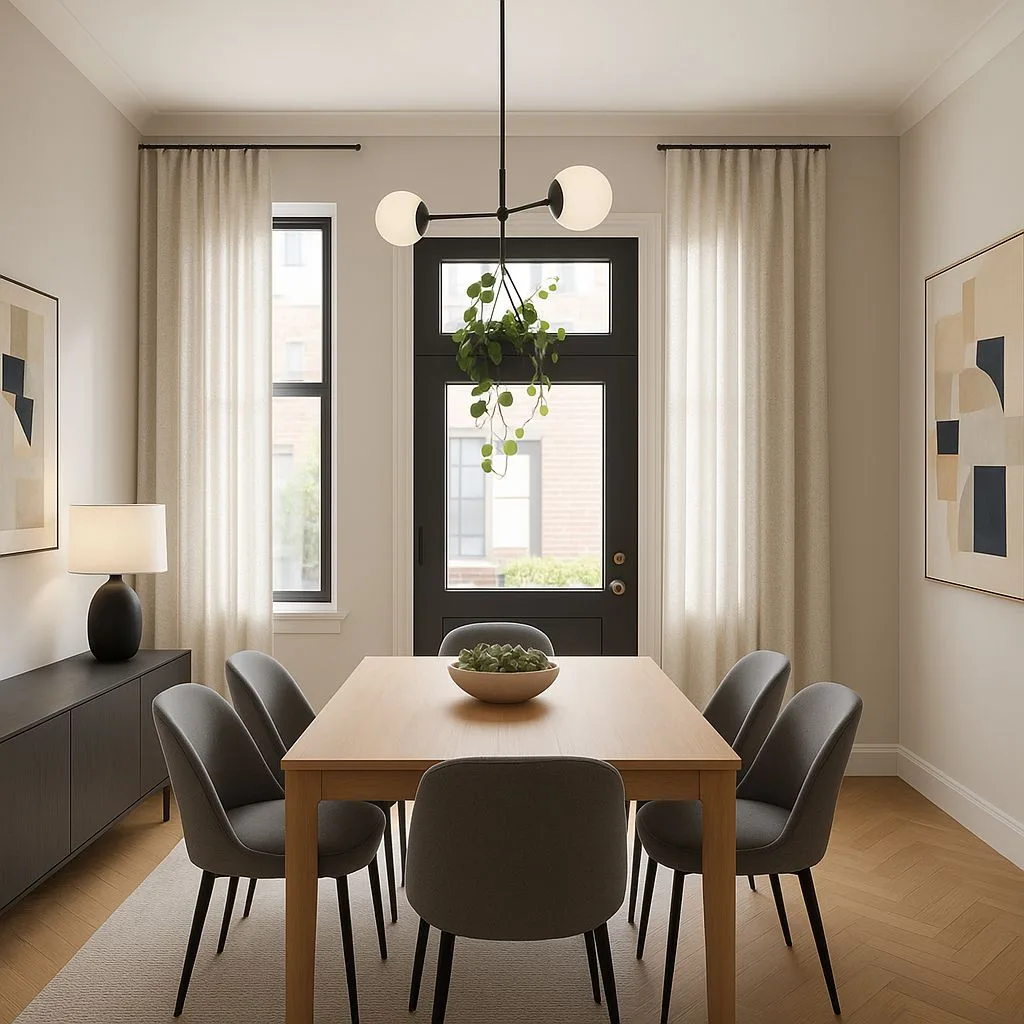 Contemporary dining room with light oak table, gray upholstered chairs, black accent cabinet, globe pendant light, herringbone wood floors, photorealistic interior design photography, 8k