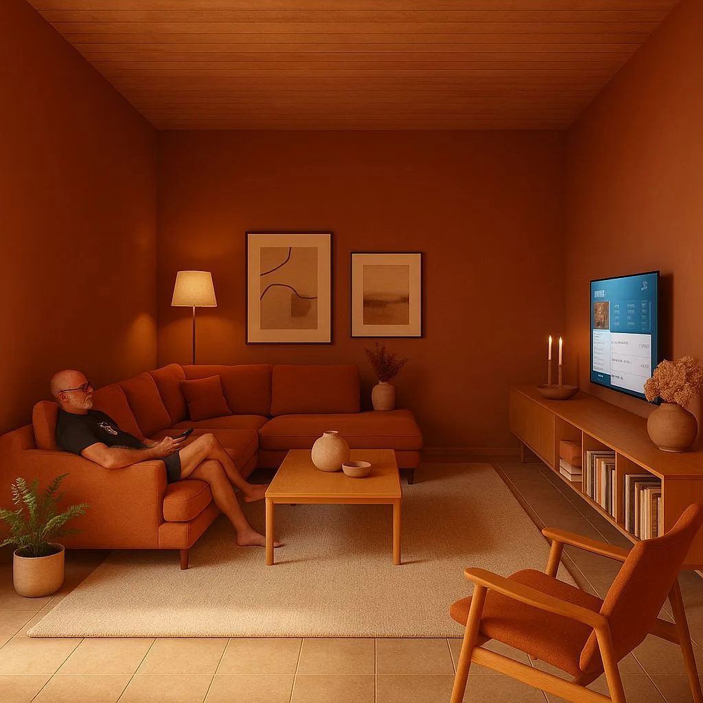 Warm terracotta living room with mid-century modern wood furniture, sectional sofa, neutral rug, minimalist artwork, floor lamp, photorealistic interior design photography, 8k