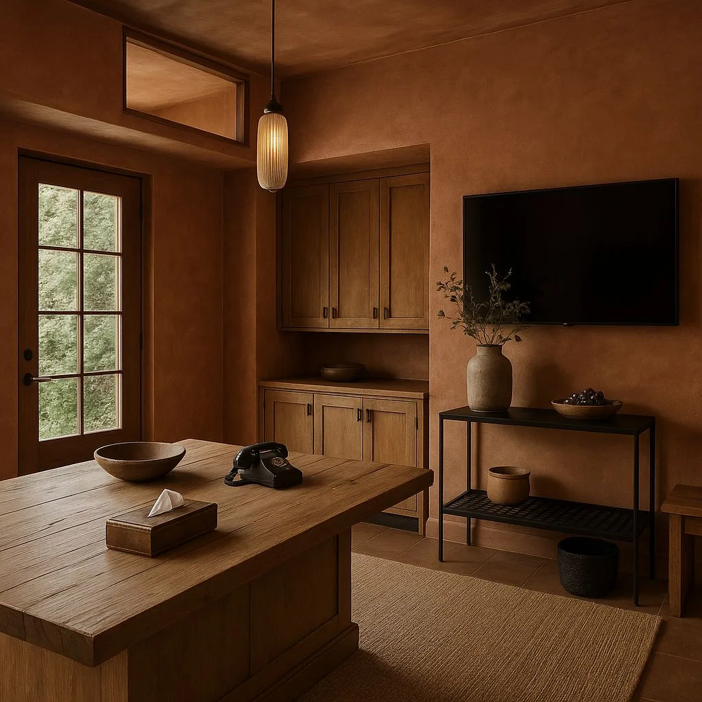 Rustic terracotta dining room with large wood table, built-in wood cabinets, black metal console, ribbed glass pendant, jute rug, photorealistic interior design photography, 8k