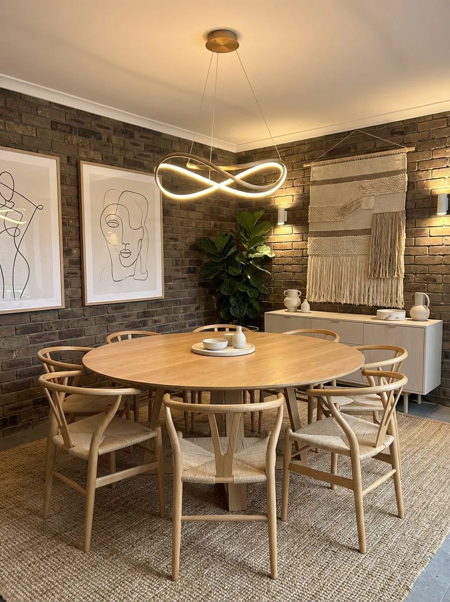 Rustic modern dining room with exposed brick walls, round oak table, wishbone chairs, woven jute rug, infinity pendant lighting, photorealistic interior design photography, 8k