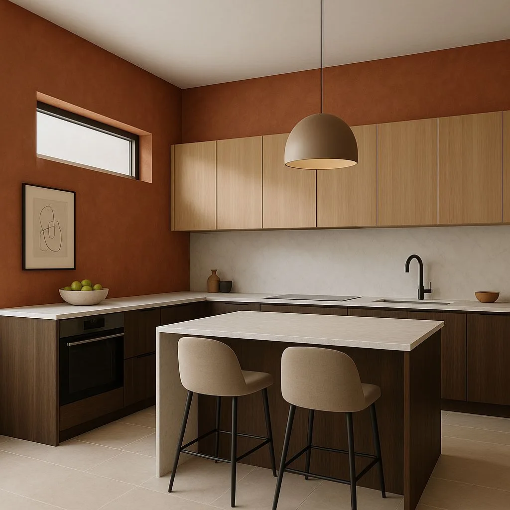 Modern terracotta kitchen with light wood cabinets, dark wood lower cabinets, white quartz countertops, beige stools, dome pendant, photorealistic interior design photography, 8k