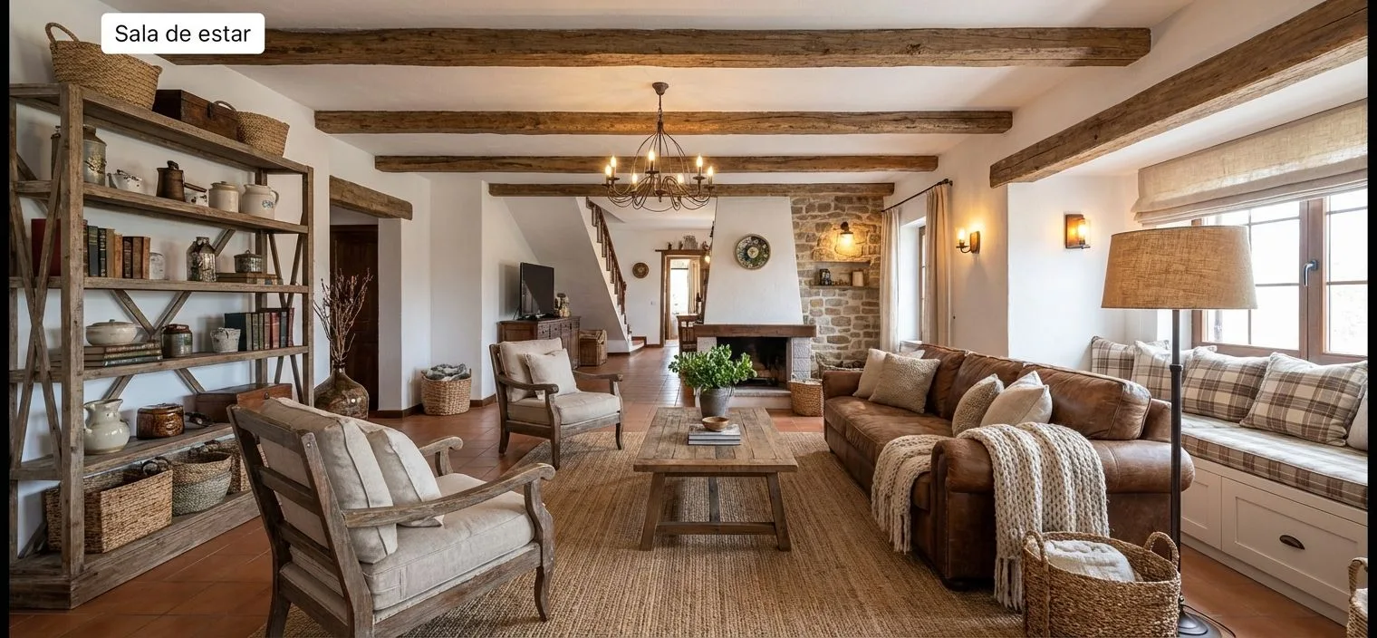 Rustic farmhouse living room with exposed wood beams, stone fireplace, brown leather sofa, jute rug, iron chandelier, photorealistic interior design photography, 8k