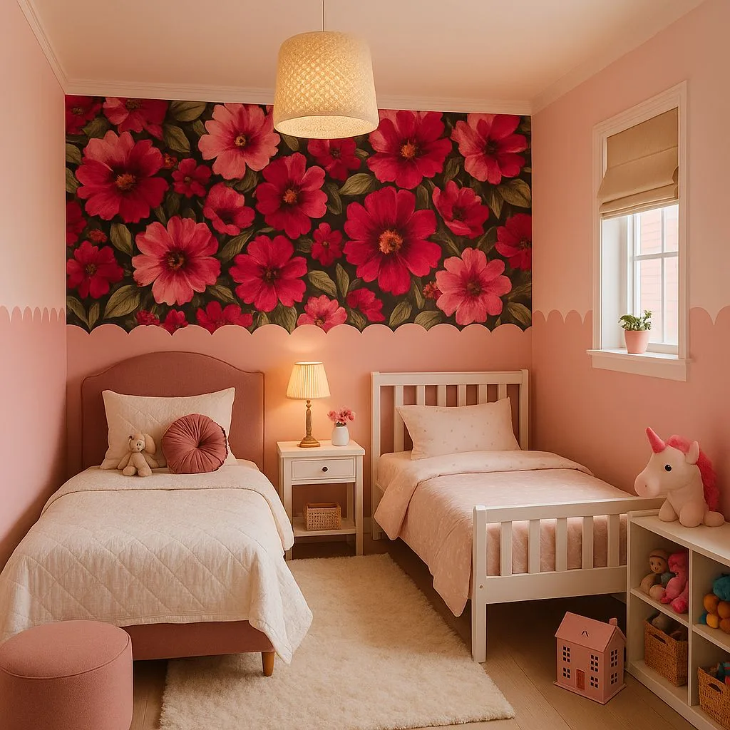 Whimsical girls bedroom with twin beds, pink floral wallpaper, white wood frames, shag rug, woven pendant light, blush pink walls, photorealistic interior design photography, 8k