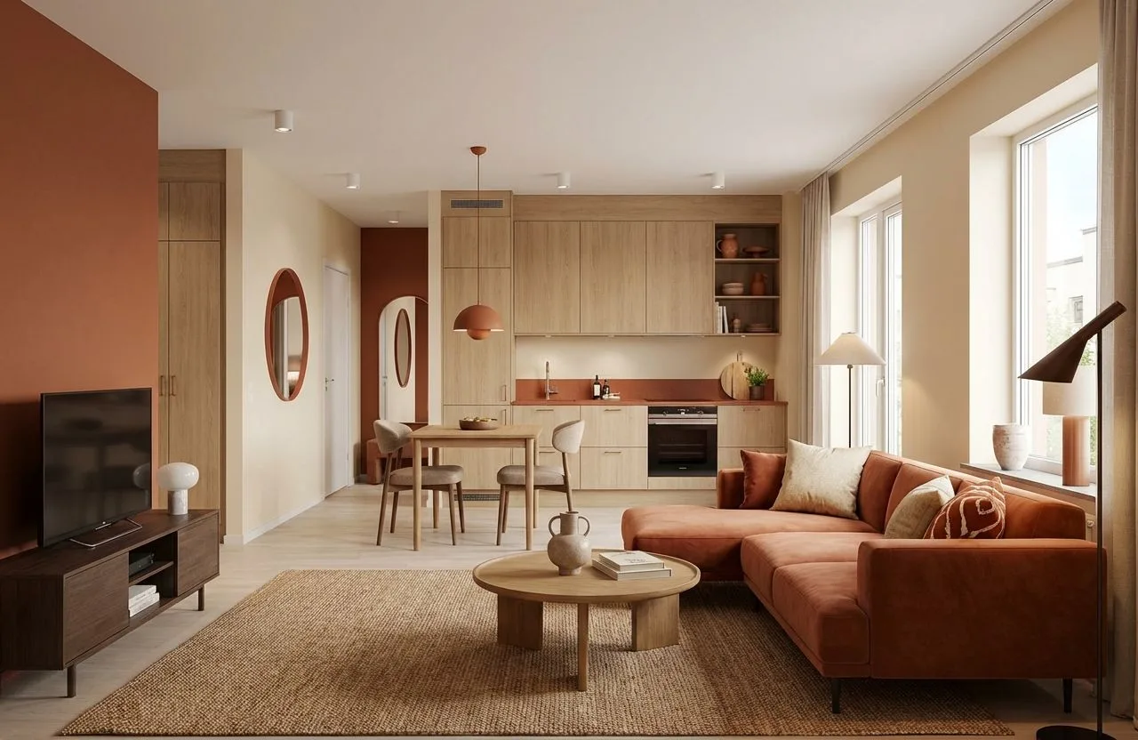 Scandinavian open concept living room with light wood cabinets, terracotta accent wall, matching sectional sofa, jute rug, round wood coffee table, photorealistic interior design photography, 8k