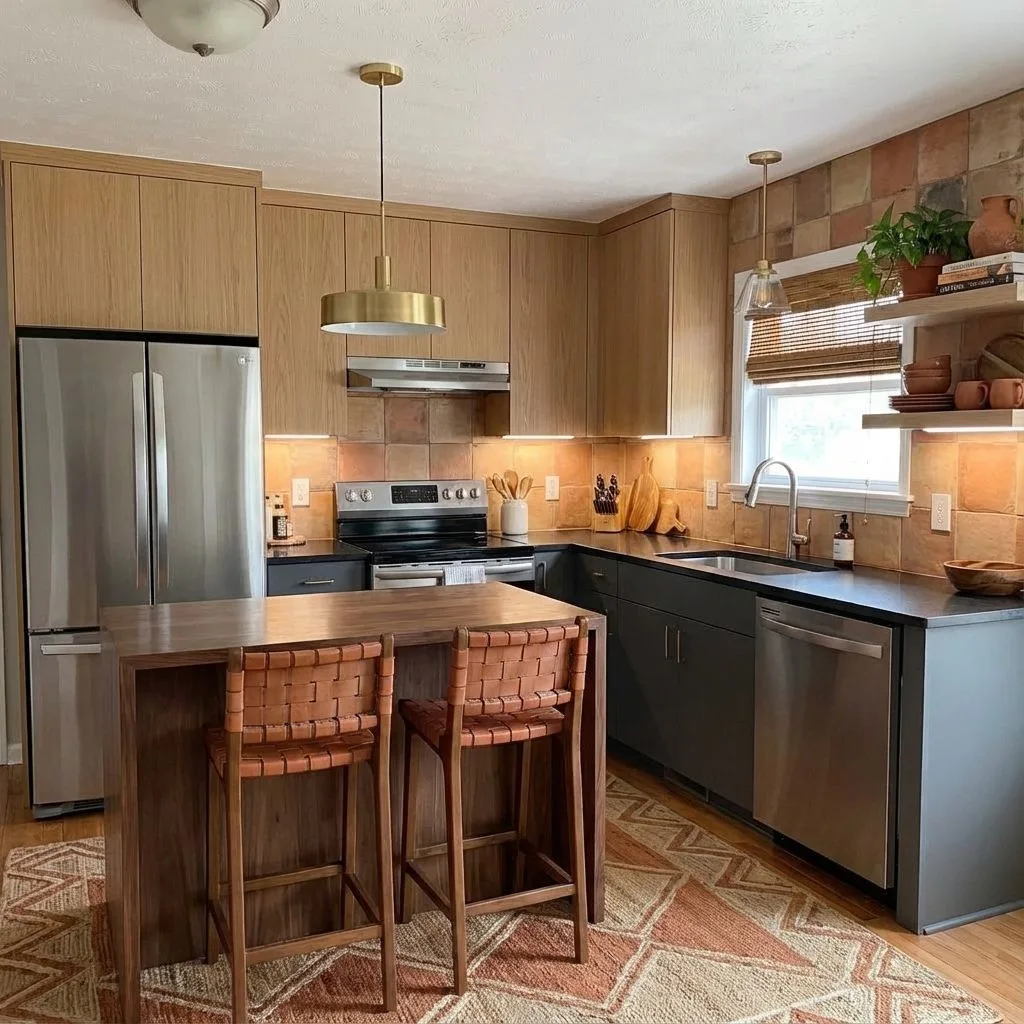 Transitional kitchen with light wood cabinets, dark grey lower cabinets, terracotta tile backsplash, wood island, woven leather stools, brass pendants, photorealistic interior design photography, 8k