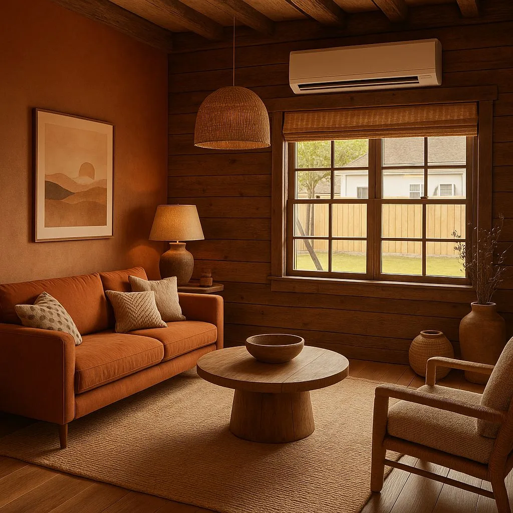 Rustic terracotta living room with wood paneled walls, exposed wood beam ceiling, woven pendant light, jute rug, orange linen sofa, photorealistic interior design photography, 8k