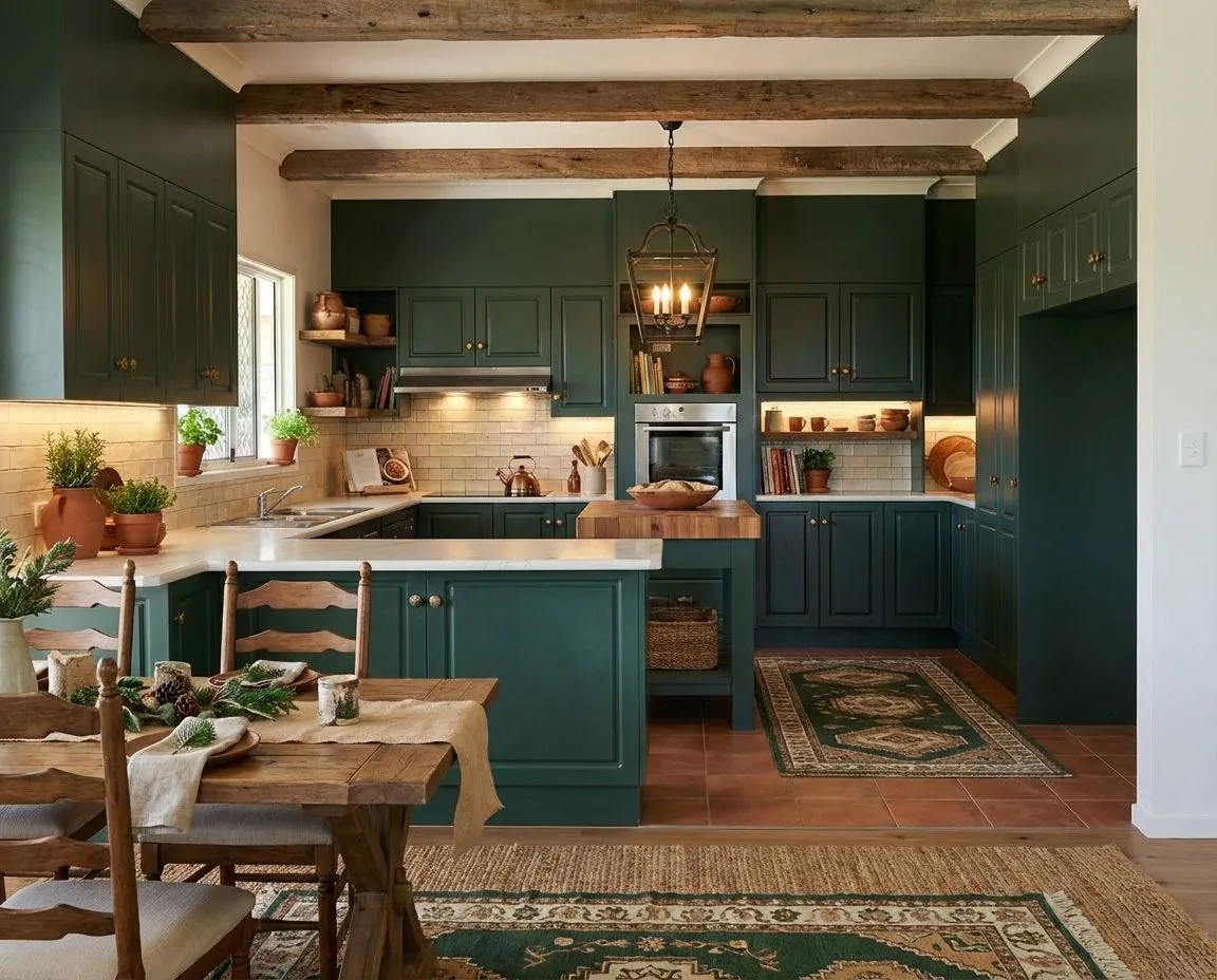 Rustic farmhouse kitchen with forest green cabinets, butcher block counters, terracotta tile floor, wood beams, vintage iron pendant, photorealistic interior design photography, 8k
