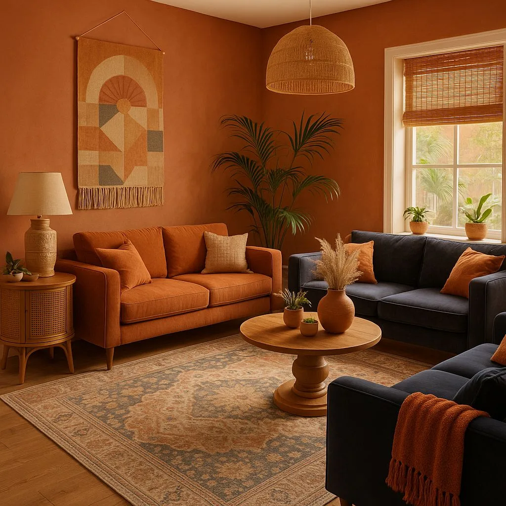 Warm terracotta living room with navy sofas, round wood coffee table, woven pendant light, vintage rug, bamboo blinds, photorealistic interior design photography, 8k