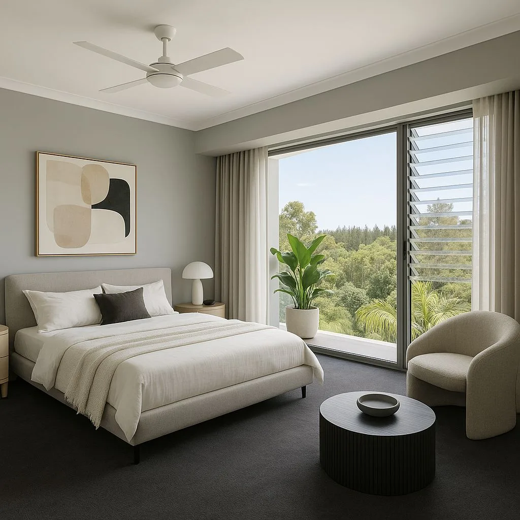 Minimalist bedroom with light grey walls, upholstered bed frame, dark grey carpet, sheer linen curtains, black round table, photorealistic interior design photography, 8k