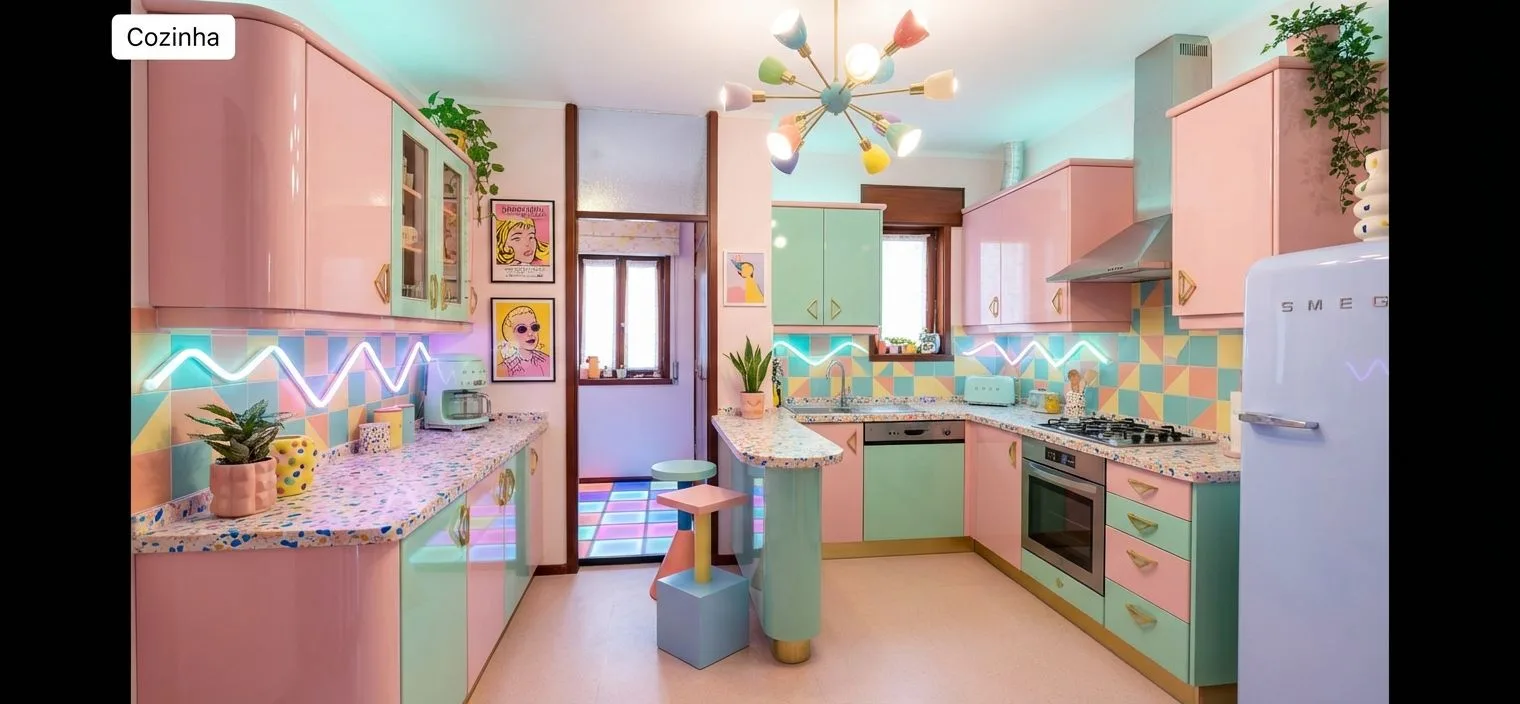 Retro pastel kitchen with pink cabinets, mint green accents, terrazzo countertops, geometric tile backsplash, sputnik chandelier, photorealistic interior design photography, 8k