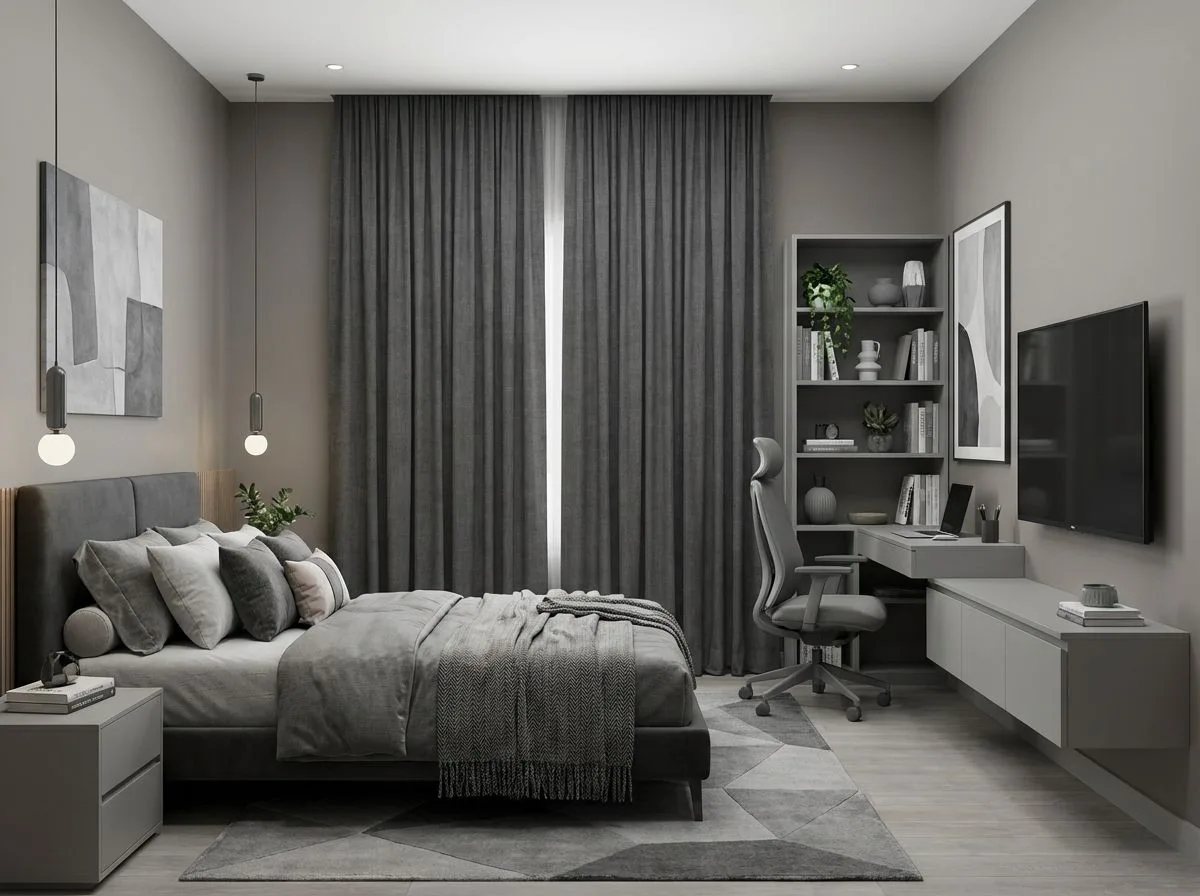 Minimalist bedroom with gray upholstered bed, fabric curtains, geometric rug, built-in desk, shelving, pendant lights, photorealistic interior design photography, 8k