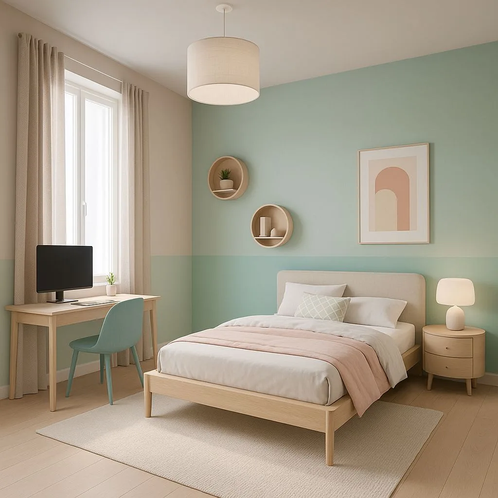 Scandinavian bedroom with mint walls, light wood bed, round shelves, linen bedding, desk, drum pendant, photorealistic interior design photography, 8k