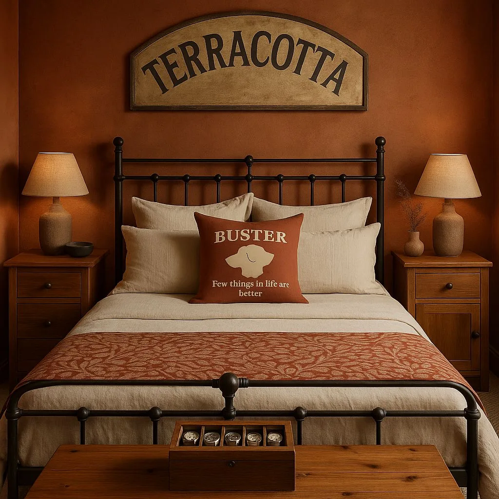 Rustic terracotta bedroom with black iron bedframe, linen duvet, wood nightstands, ceramic lamps, wood bench, photorealistic interior design photography, 8k