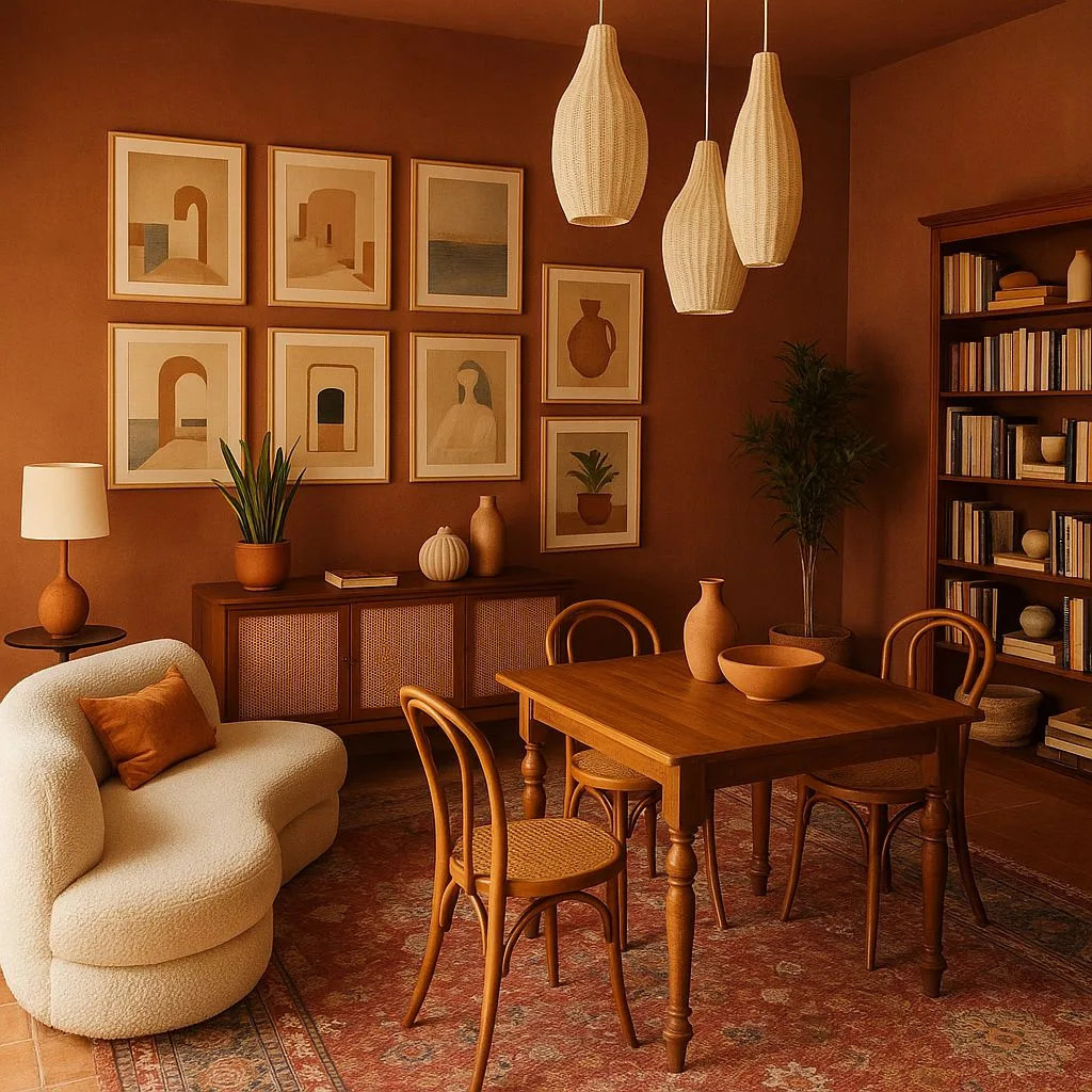 Eclectic terracotta dining room with wood table, bentwood chairs, cream boucle sofa, woven pendants, vintage rug, photorealistic interior design photography, 8k