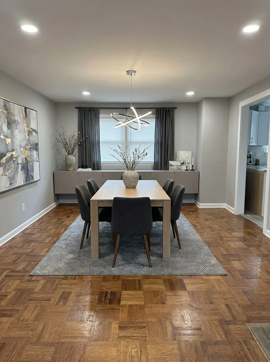 Contemporary dining room with light wood table, gray upholstered chairs, built-in buffet, abstract art, geometric rug, modern chandelier, photorealistic interior design photography, 8k