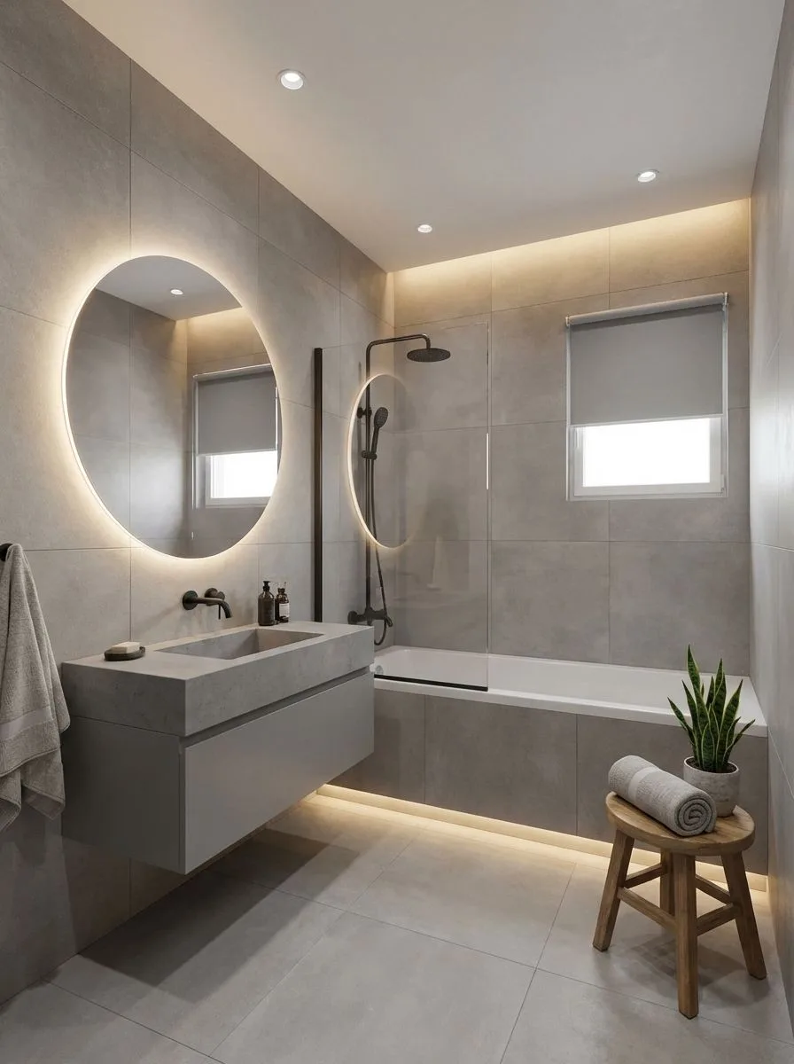 Modern minimalist bathroom with large grey tiles, floating vanity, round LED mirror, black shower fixtures, accent lighting, photorealistic interior design photography, 8k