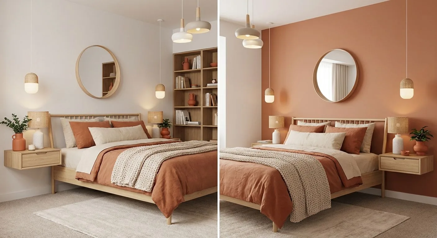 Scandinavian bedroom with light wood bed frame, terracotta linen bedding, woven pendant lights, round wood mirror, floating nightstand, photorealistic interior design photography, 8k