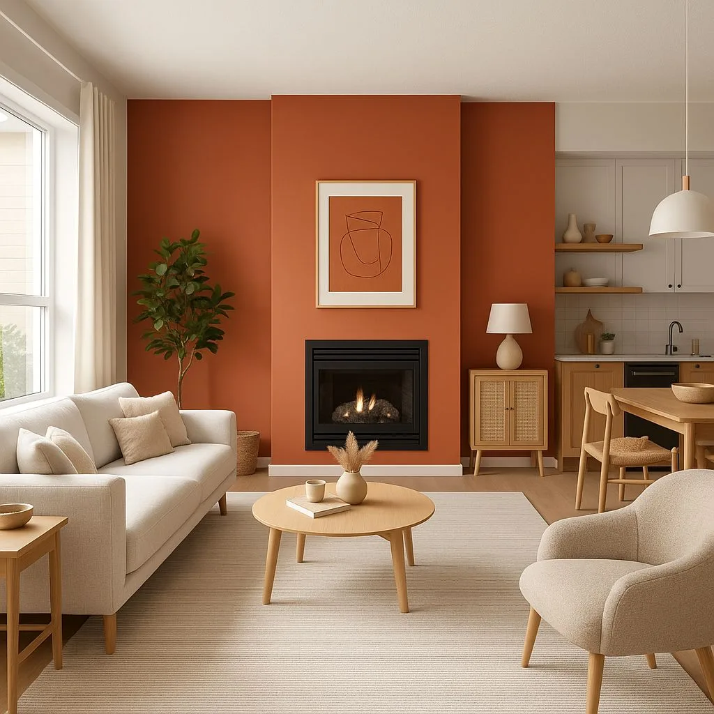 Warm Scandinavian living room with terracotta wall, black fireplace, light wood coffee table, linen sofa, rattan cabinet, photorealistic interior design photography, 8k