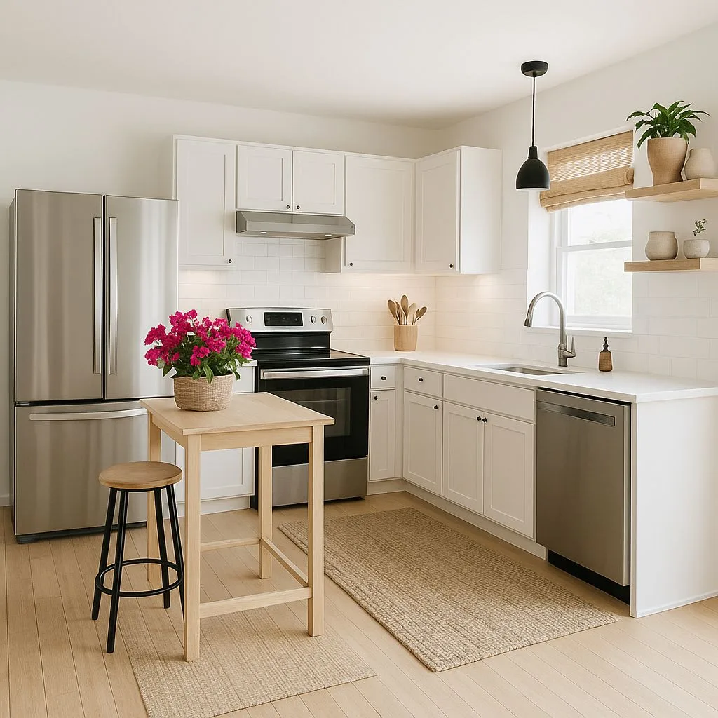 Modern farmhouse kitchen with white shaker cabinets, stainless steel appliances, jute rug, butcher block island, black pendant, photorealistic interior design photography, 8k