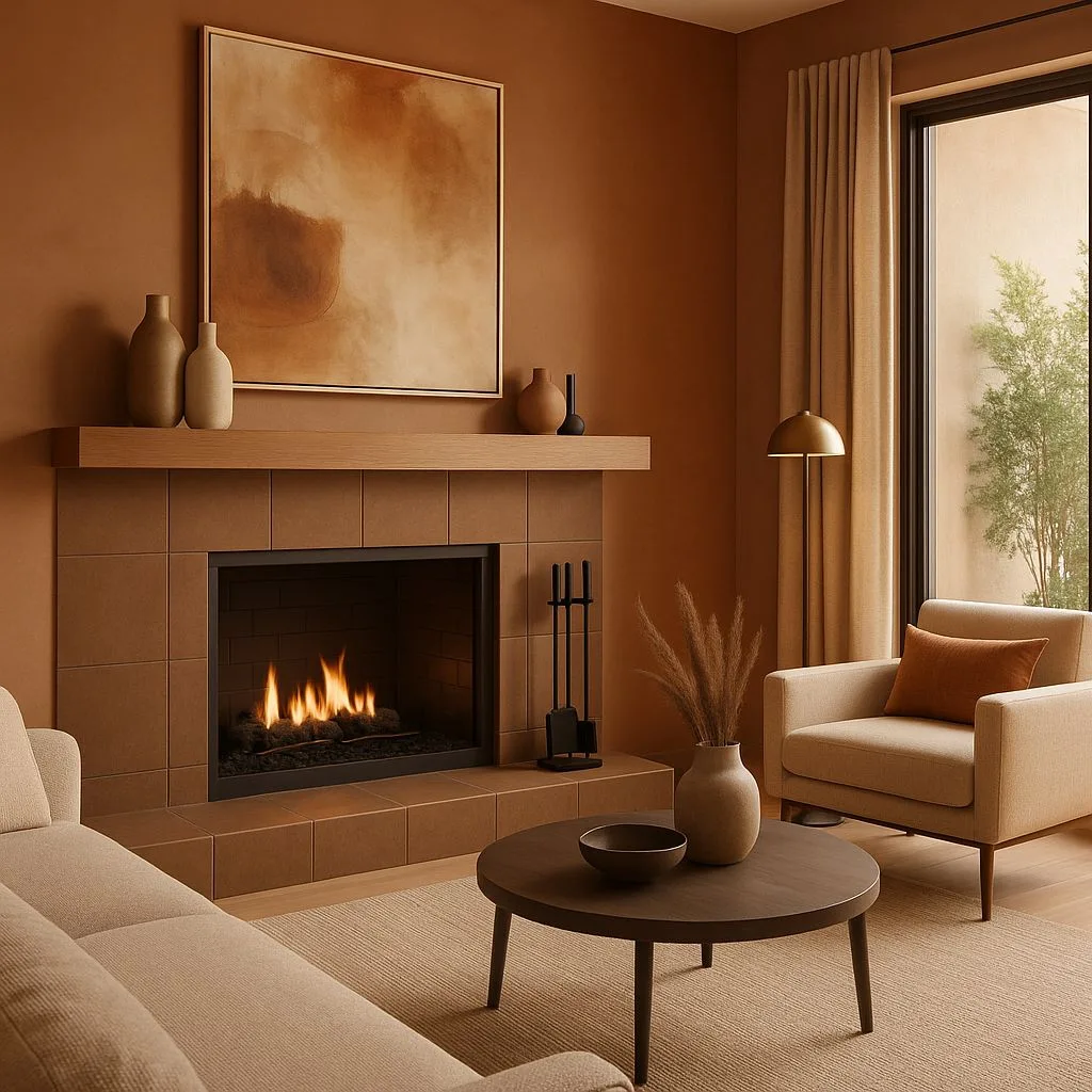 Minimalist terracotta living room with tiled fireplace, beige linen sofa, round wood table, brass floor lamp, neutral rug, photorealistic interior design photography, 8k