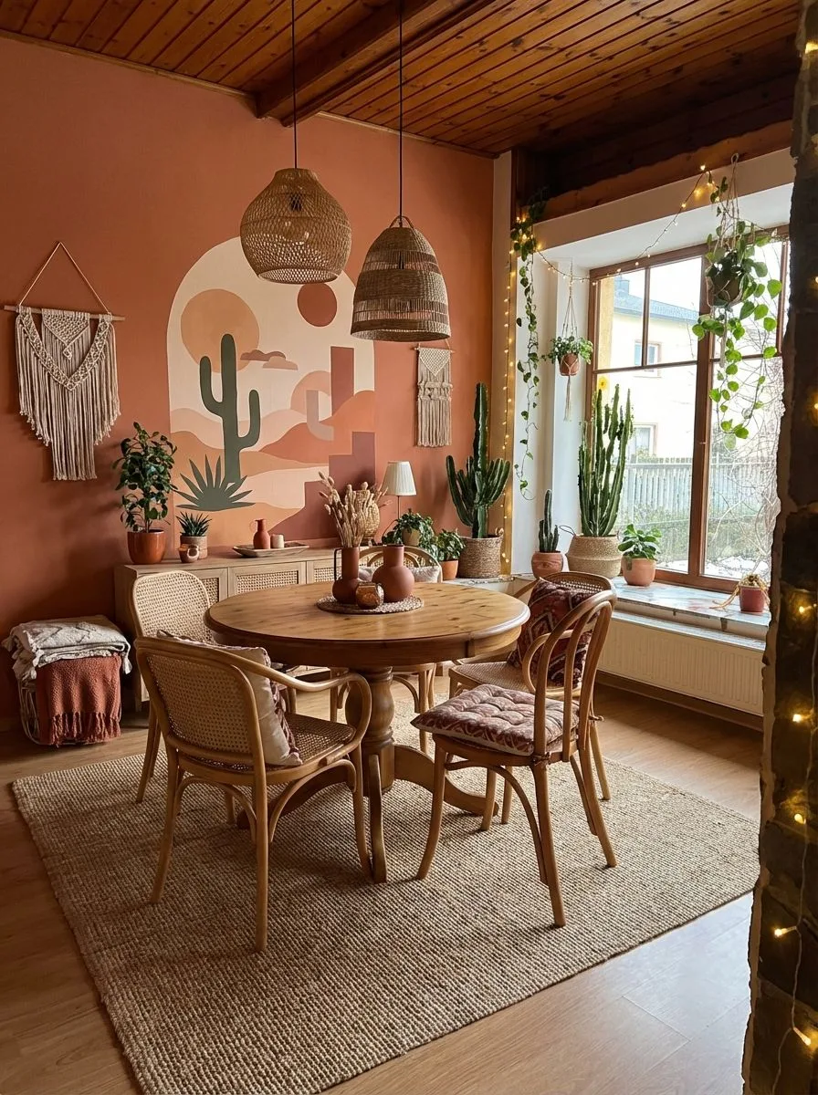 Bohemian dining room with terracotta walls, desert mural, round wood table, rattan chairs, jute rug, wicker pendants, photorealistic interior design photography, 8k
