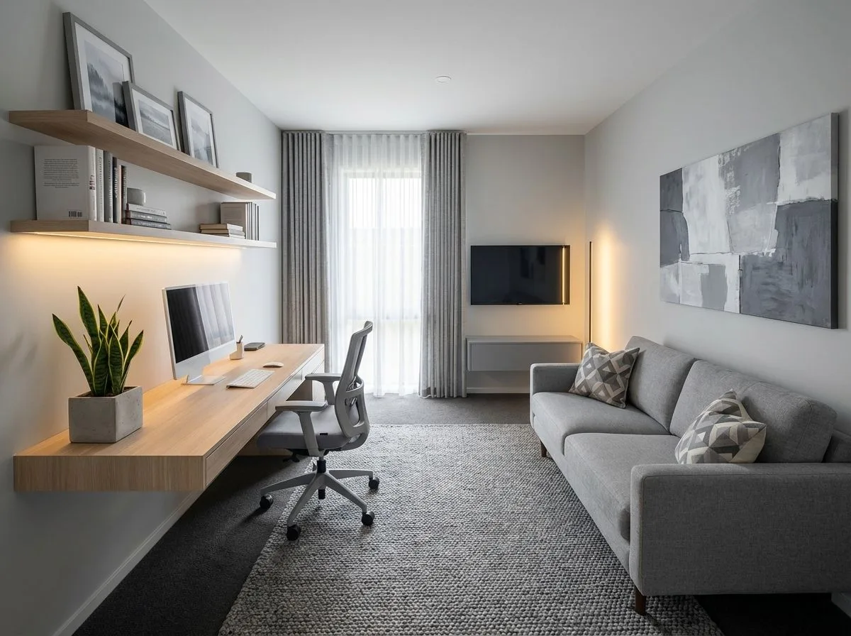 Minimalist home office with floating oak desk, light grey sofa, geometric pillows, woven rug, sheer curtains, photorealistic interior design photography, 8k