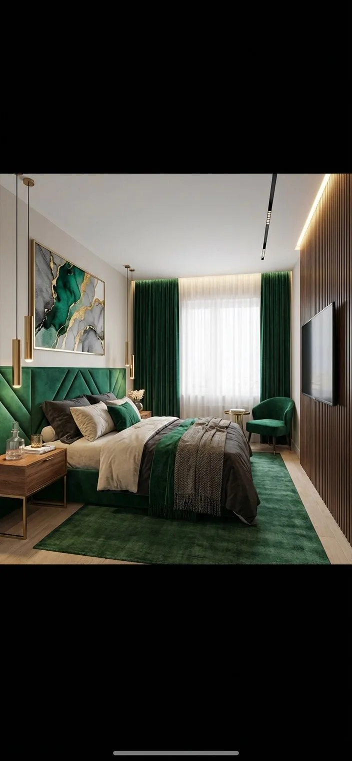 Elegant modern bedroom with emerald green velvet headboard, matching rug, wood slat wall, gold pendants, abstract art, photorealistic interior design photography, 8k