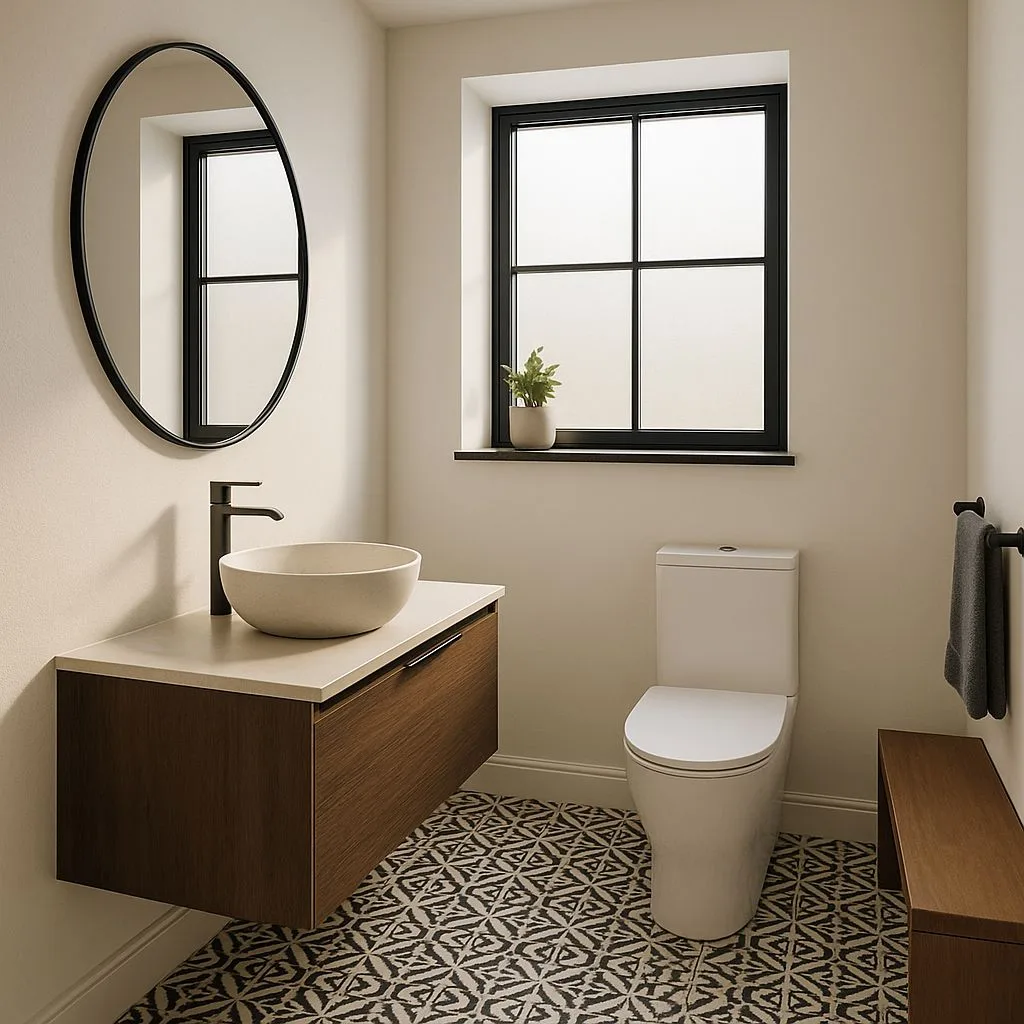 Modern powder room with patterned black and white tile floor, floating wood vanity, vessel sink, black hardware, round mirror, photorealistic interior design photography, 8k