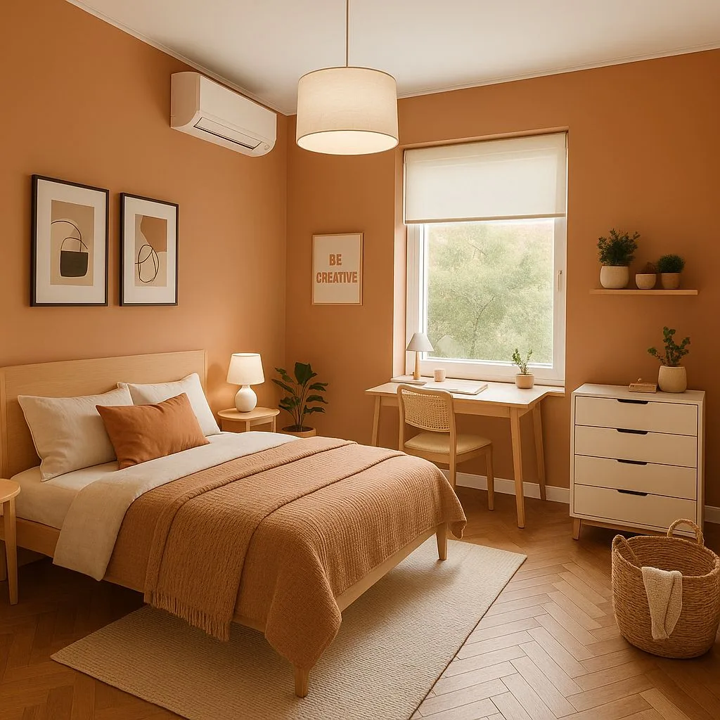 Minimalist terracotta bedroom with light wood bed, woven rug, desk area, drum pendant, herringbone floor, photorealistic interior design photography, 8k