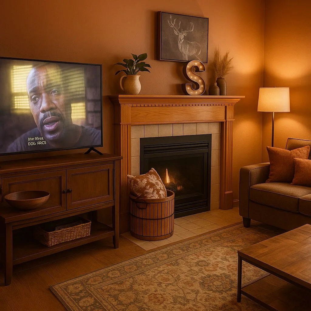 Traditional living room with terracotta walls, oak fireplace mantle, brown sofa, rust pillows, patterned rug, photorealistic interior design photography, 8k