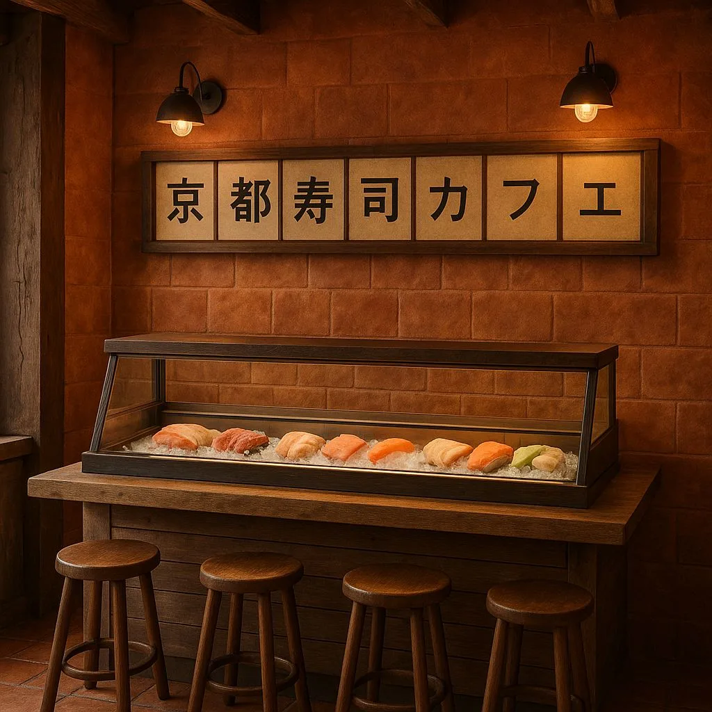 Rustic Japanese restaurant with terracotta brick, dark wood sushi case, simple wood stools, black iron sconces, Japanese signage, photorealistic interior design photography, 8k