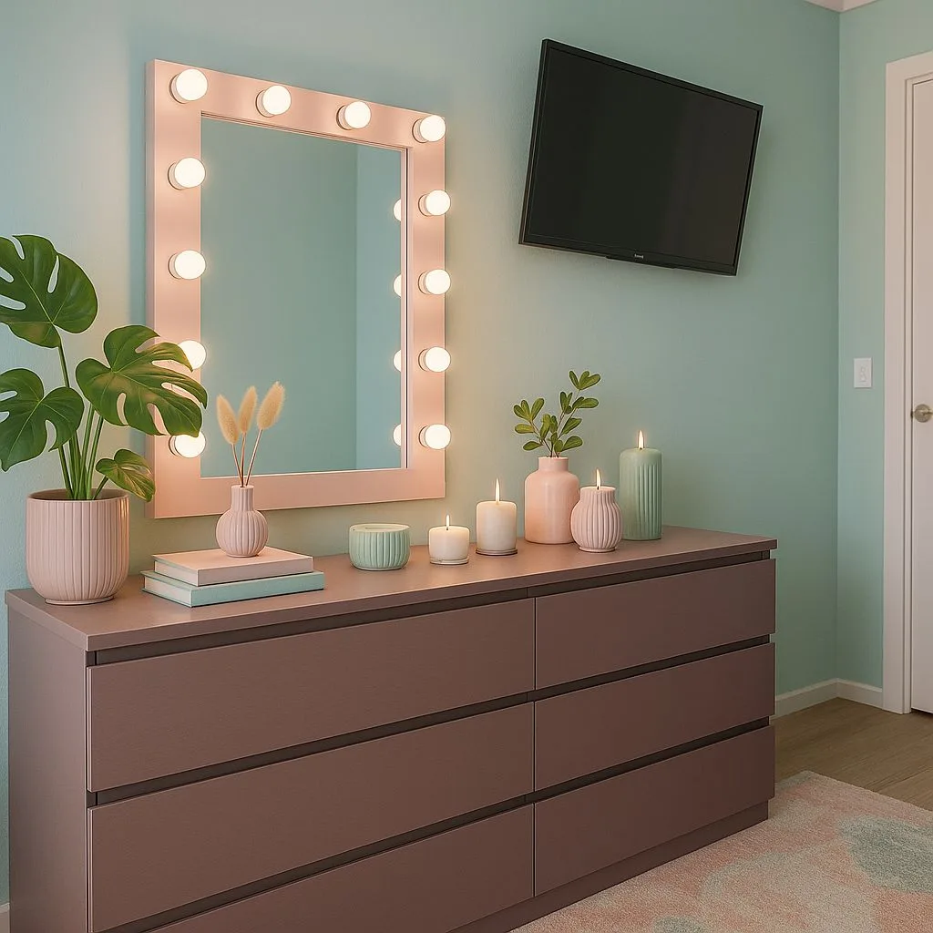Contemporary bedroom with mint walls, mauve dresser, Hollywood vanity mirror, globe lights, monstera plant, photorealistic interior design photography, 8k