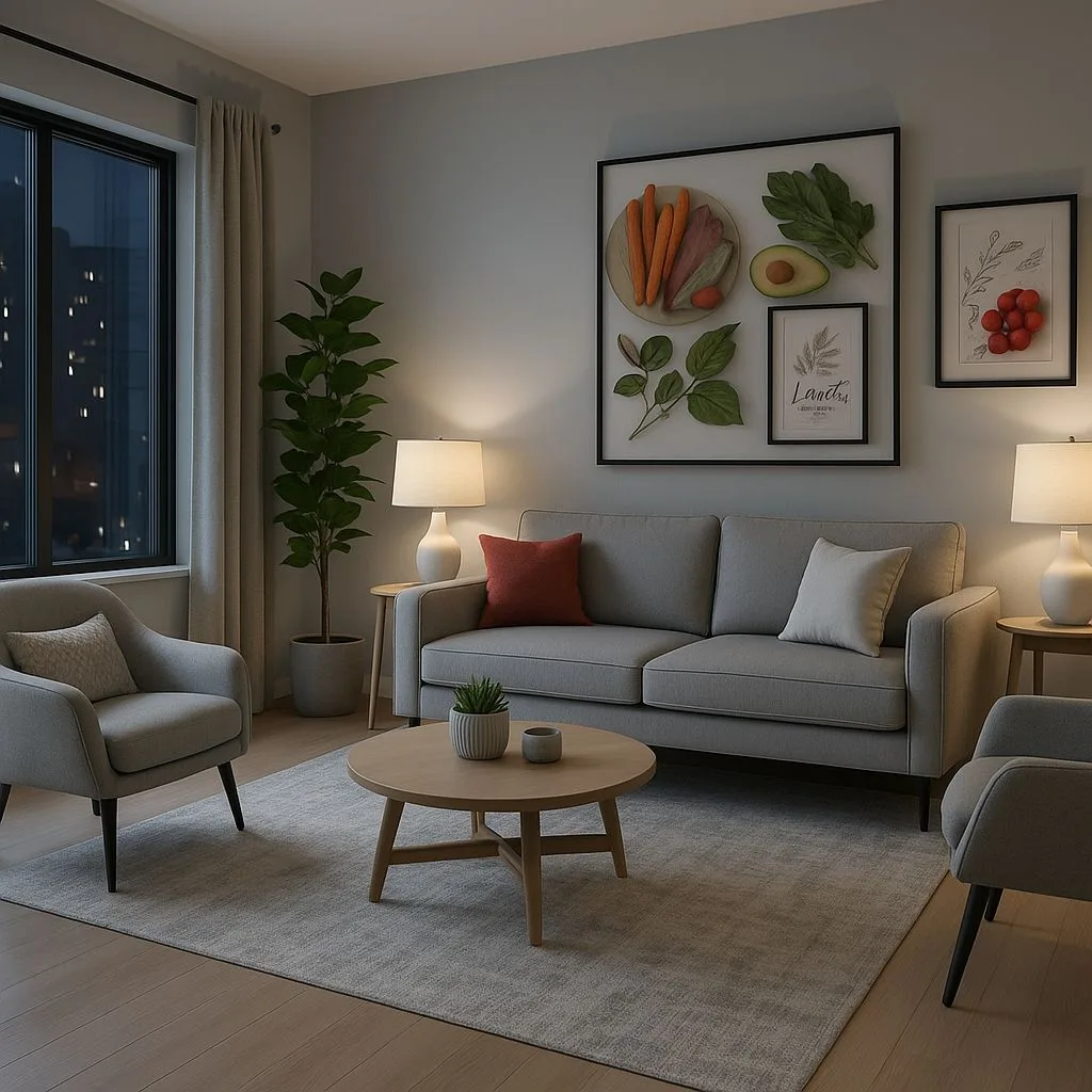 Contemporary living room with gray sofa, round wood coffee table, neutral rug, terracotta pillow, botanical prints, photorealistic interior design photography, 8k