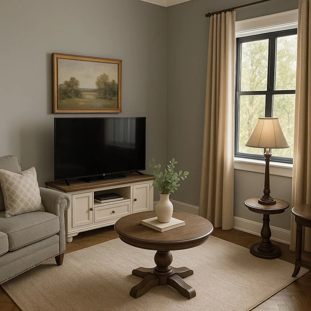 Transitional living room with warm gray walls, wood floors, cream media cabinet, round wood coffee table, beige curtains, photorealistic interior design photography, 8k