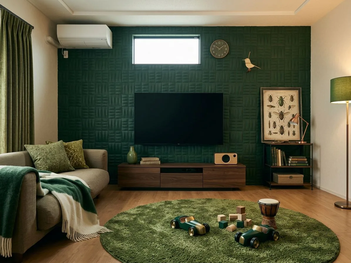 Modern living room with textured forest green wall, walnut media console, round shag rug, linen sofa, brass floor lamp, photorealistic interior design photography, 8k